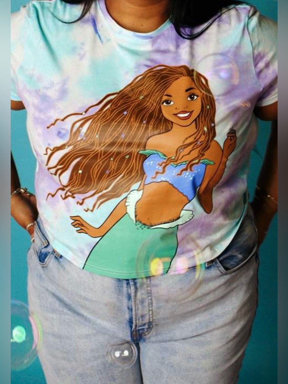 NWT CakeworthyxDisney Little Mermaid Tie-Dye crop Tee in Aqua & Purple 4x